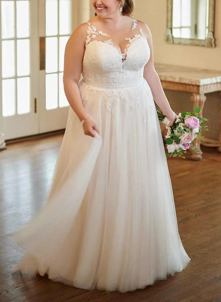 A-Line/Princess V-Neck Plus Size Lace Wedding Dress with Applique Ivory