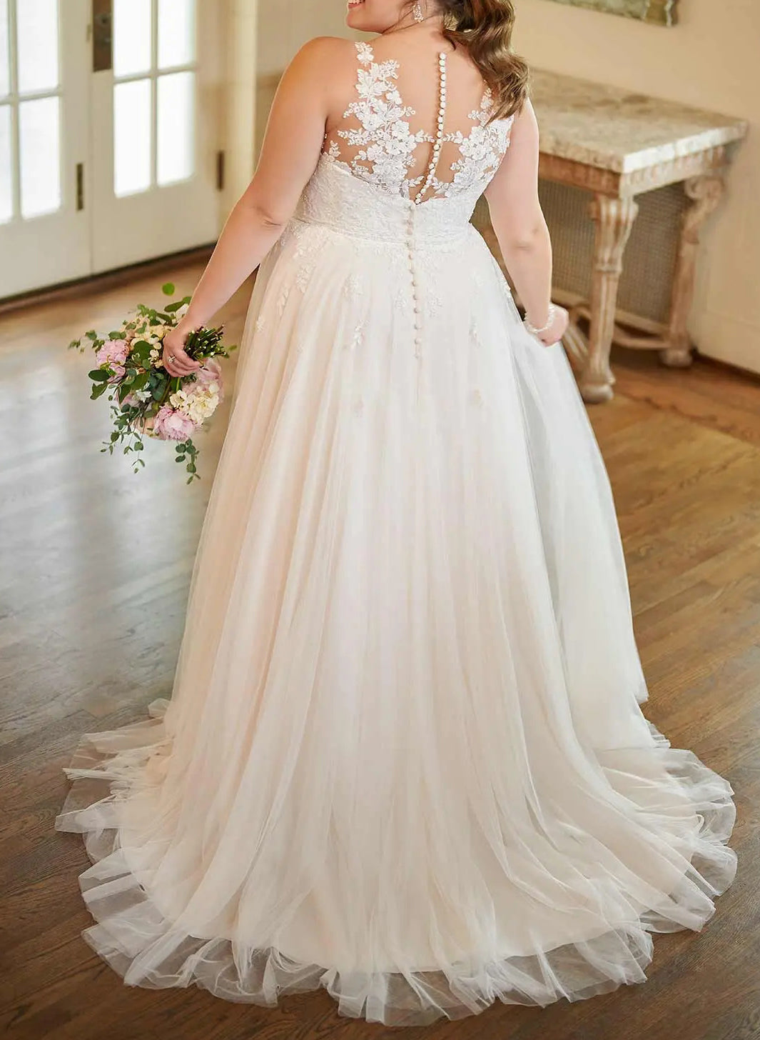 A-Line/Princess V-Neck Plus Size Lace Wedding Dress with Applique Pink