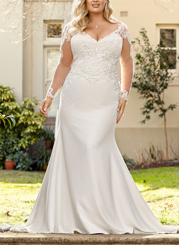 Trumpet/Mermaid V-Neck Long Sleeves Plus Size Lace Wedding Dress with Applique Ivory