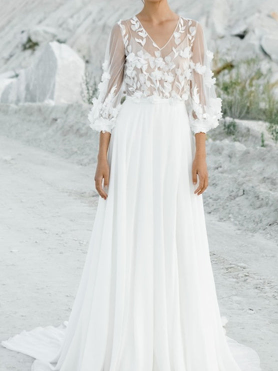 A-Line/Princess V-Neck Floor-Length Wedding Dress With Appliques White