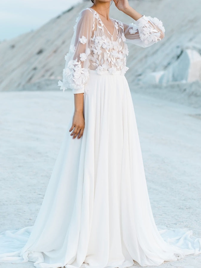 A-Line/Princess V-Neck Floor-Length Wedding Dress With Appliques Off White