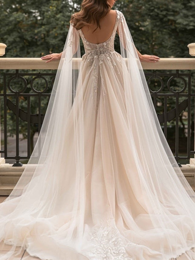 A-Line/Princess V-Neck Floor-Length Wedding Dress With Split Side White