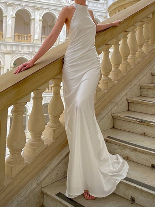 Trumpet/Mermaid Halter Floor-Length Wedding Dress Champagne