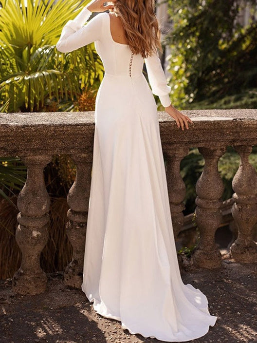 A-Line/Princess Square Neck Floor-Length Wedding Dress White