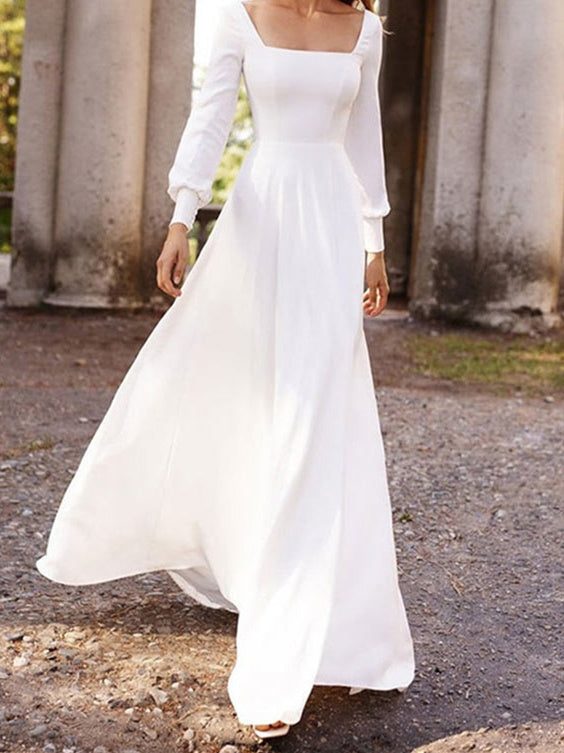 A-Line/Princess Square Neck Floor-Length Wedding Dress Ivory