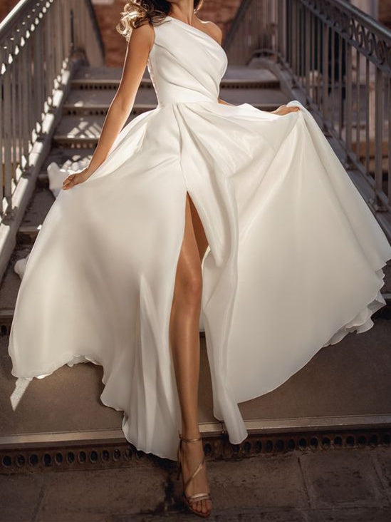 A-Line/Princess One-Shoulder Floor-Length Wedding Dress With Split Side Ivory