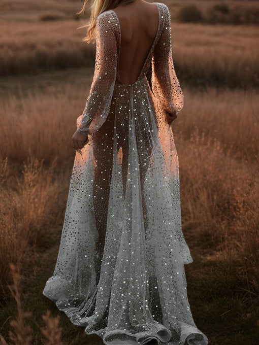 A-Line/Princess V-Neck Floor-Length Sequins Wedding Dress Ivory
