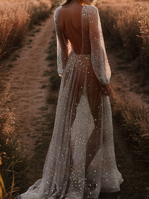 A-Line/Princess V-Neck Floor-Length Sequins Wedding Dress Pink