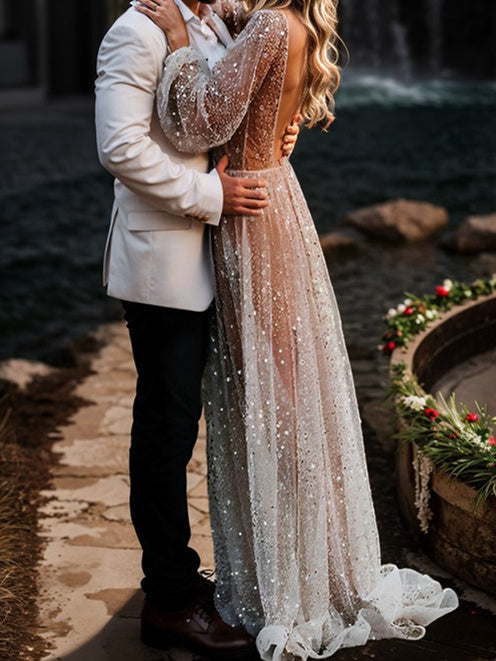 A-Line/Princess V-Neck Floor-Length Sequins Wedding Dress Gray