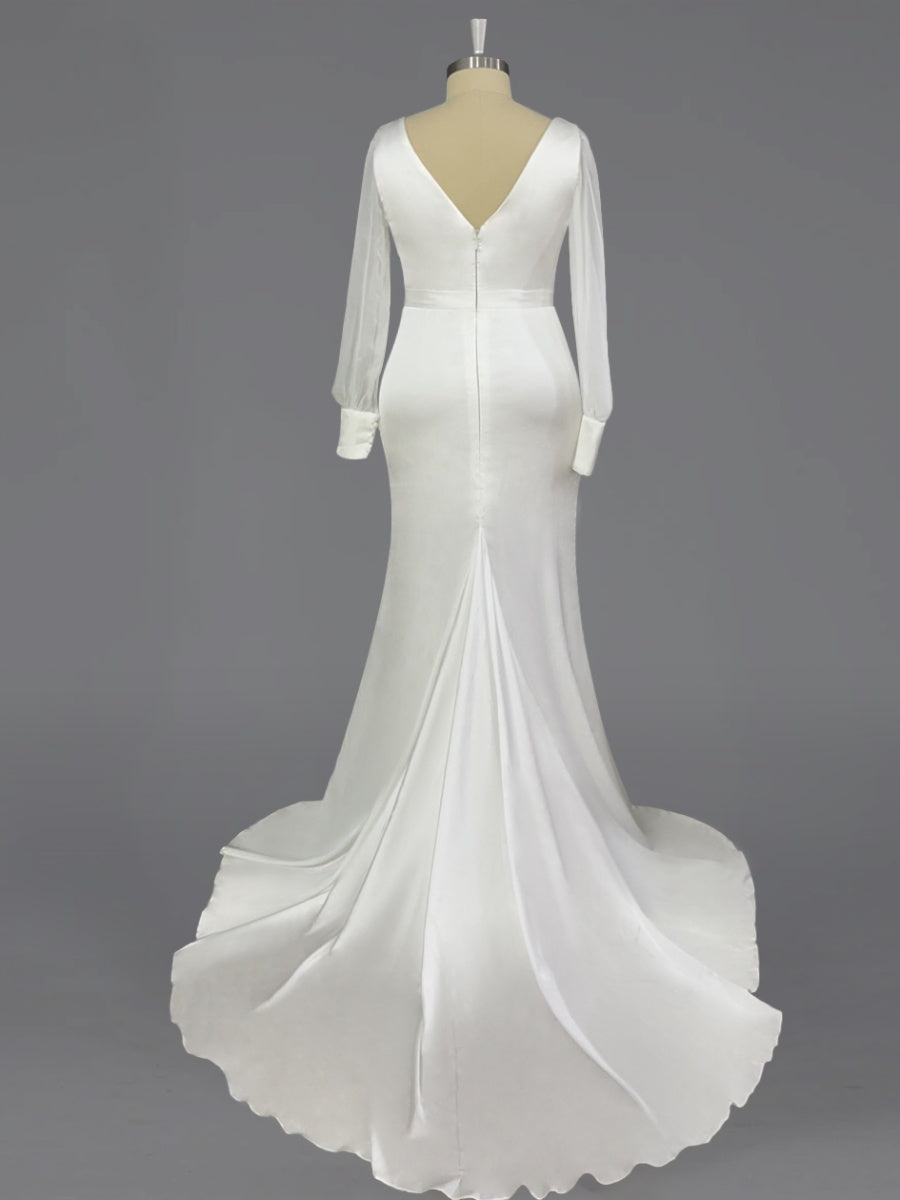 Trumpet/Mermaid V-Neck Floor-Length Long Sleeves Wedding Dress Champagne