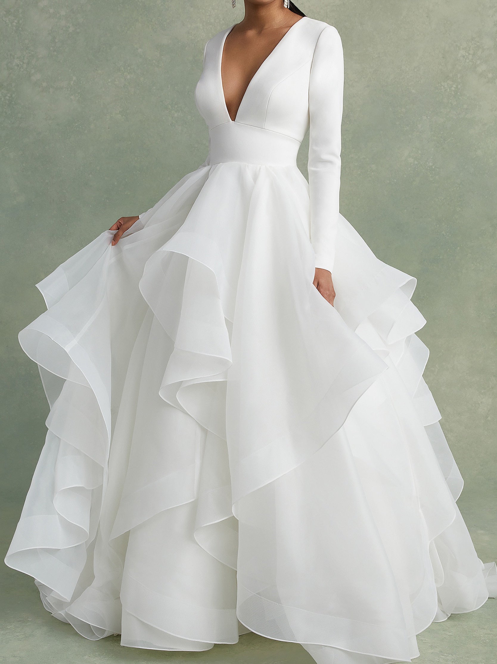 A-Line/Princess V-Neck Floor-Length Ball-Gown Wedding Dress With Ruffles Ivory
