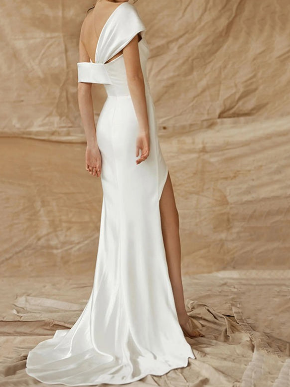 Sheath/Column One-Shoulder Silk Satin Wedding Dress With Split Champagne