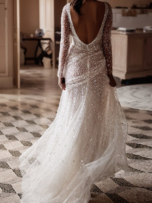 Sheath/Column V-Neck Floor-Length Sequins Wedding Dress With Split Champagne