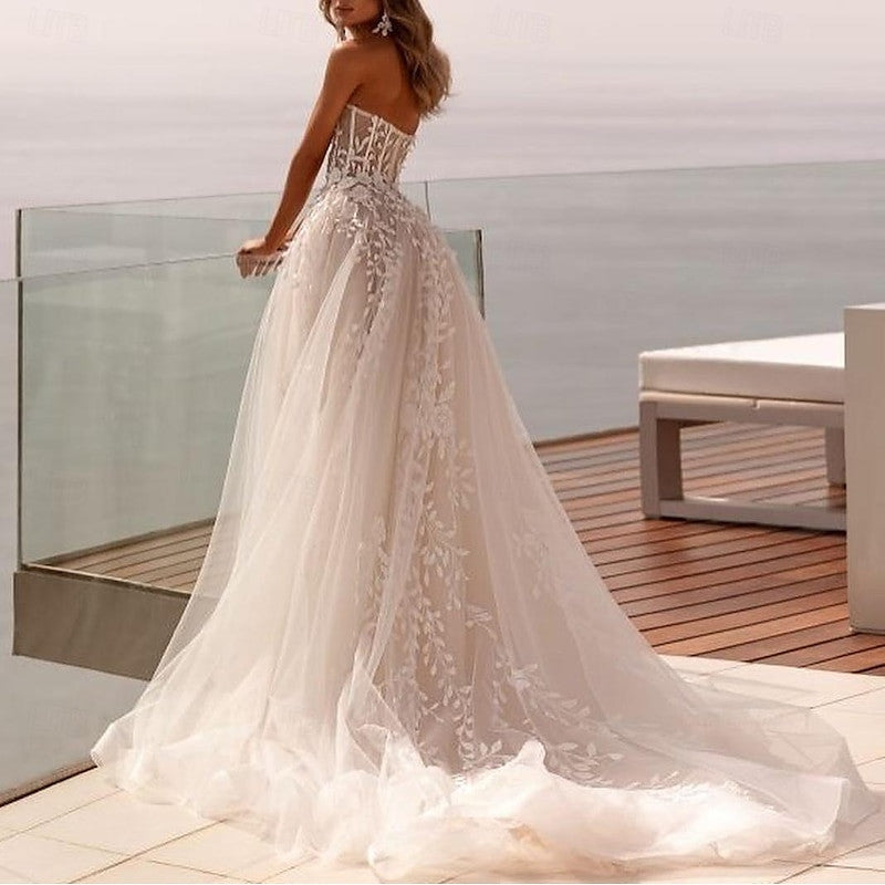 A-Line/Princess Sweetheart Sweep / Brush Train Wedding Dress for Beach Wedding Champagne