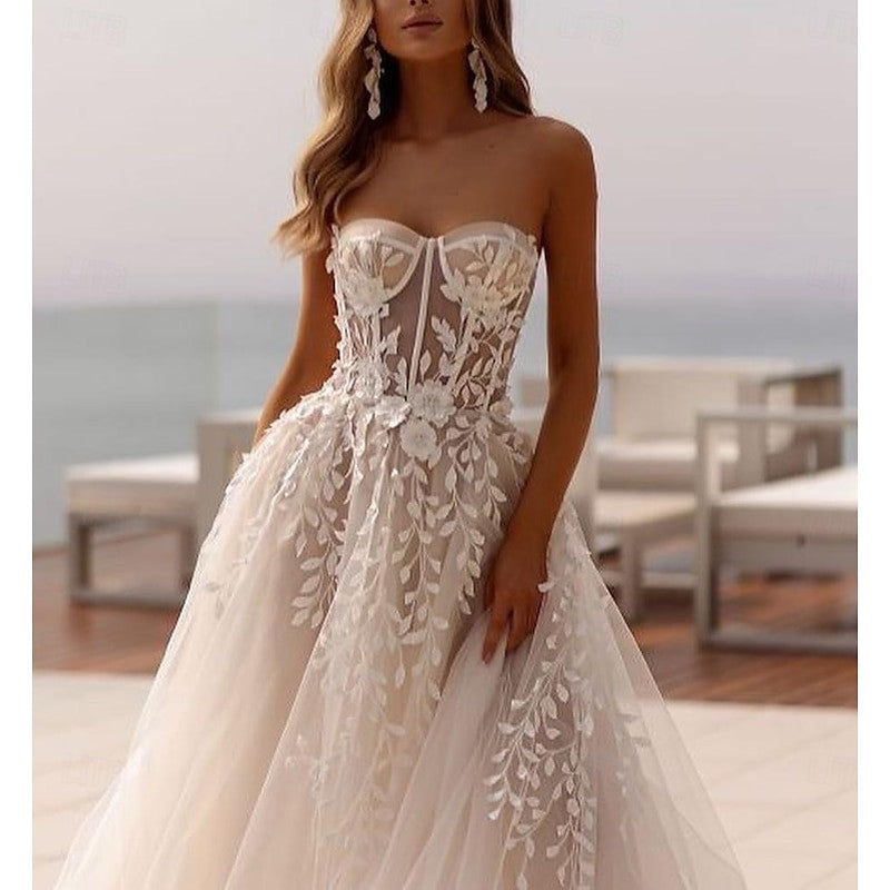 A-Line/Princess Sweetheart Sweep / Brush Train Wedding Dress for Beach Wedding Ivory