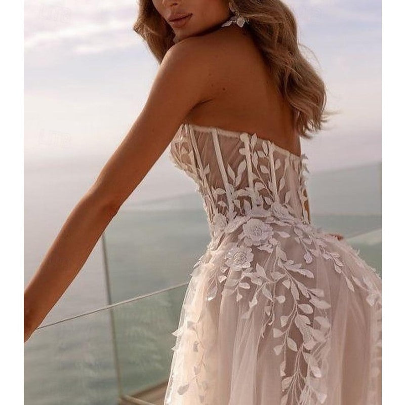 A-Line/Princess Sweetheart Sweep / Brush Train Wedding Dress for Beach Wedding White