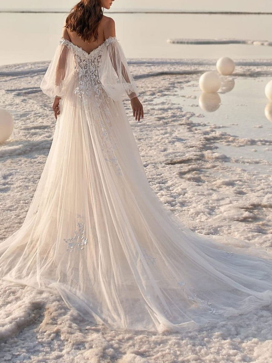 A-Line/Princess Off-the-Shoulder Court Train Wedding Dress for Beaching Wedding White