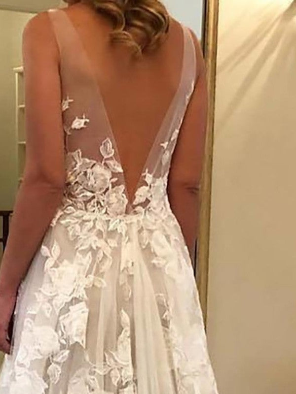 A-Line/Princess V-Neck Beach Wedding Dress with Appliques Black