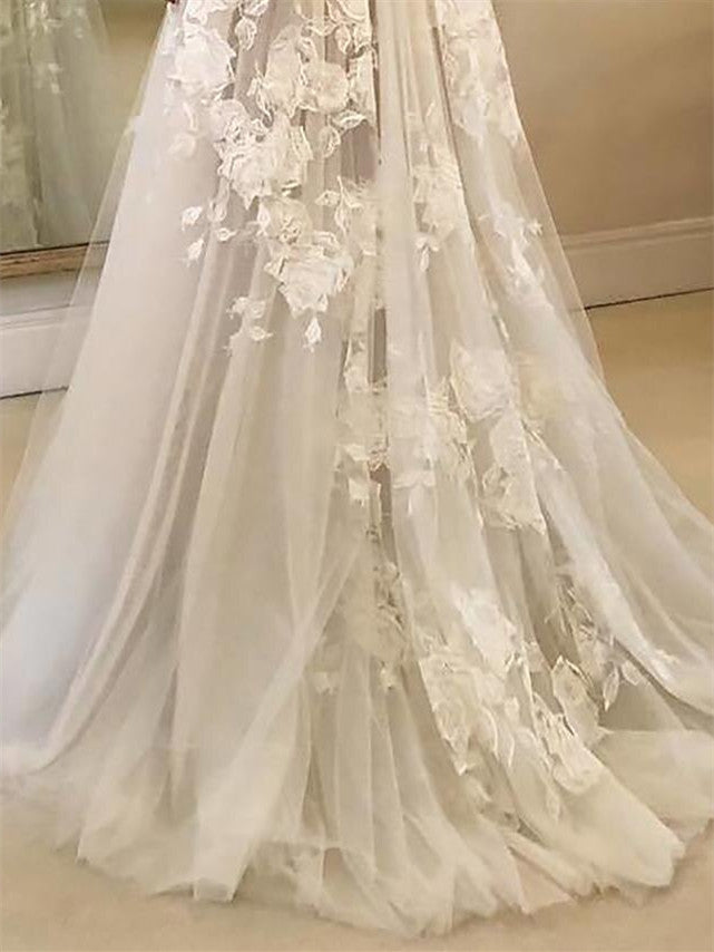 A-Line/Princess V-Neck Beach Wedding Dress with Appliques White