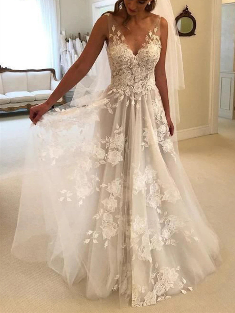 A-Line/Princess V-Neck Beach Wedding Dress with Appliques Ivory