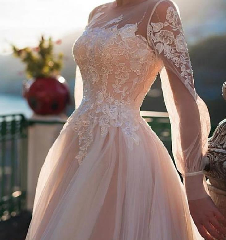 A-Line/Princess Illusion Neck Beach Wedding Dress with Embroidery Appliques Black