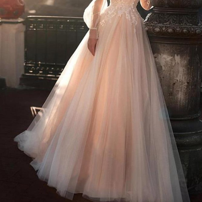 A-Line/Princess Illusion Neck Beach Wedding Dress with Embroidery Appliques White