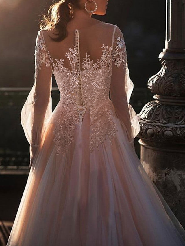 A-Line/Princess Illusion Neck Beach Wedding Dress with Embroidery Appliques Ivory