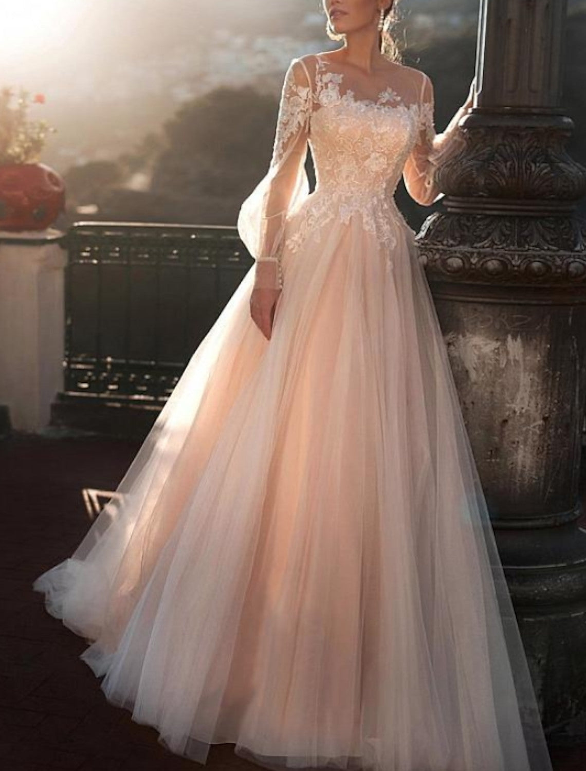 A-Line/Princess Illusion Neck Beach Wedding Dress with Embroidery Appliques Blush