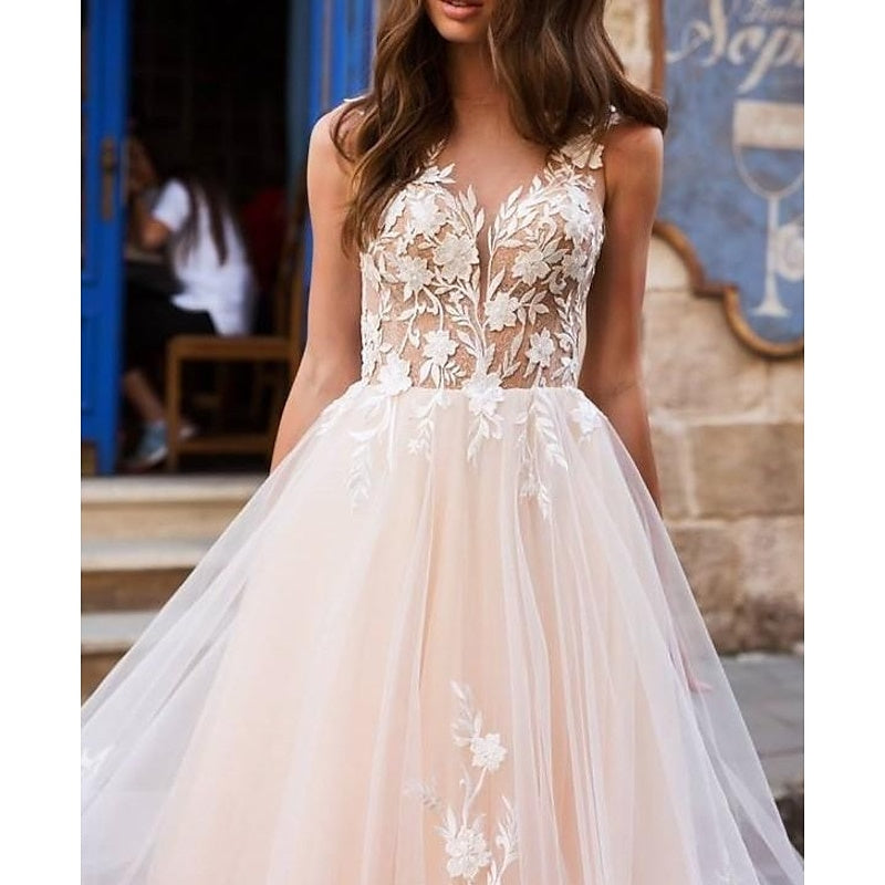 A-Line/Princess Beach Wedding Dress V Neck Sleeveless with Appliques Champagne