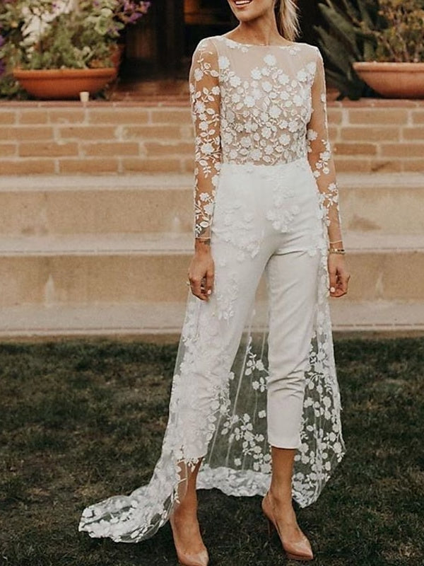Long Sleeves Scoop Wedding Pant Suit Styles with Flower Black
