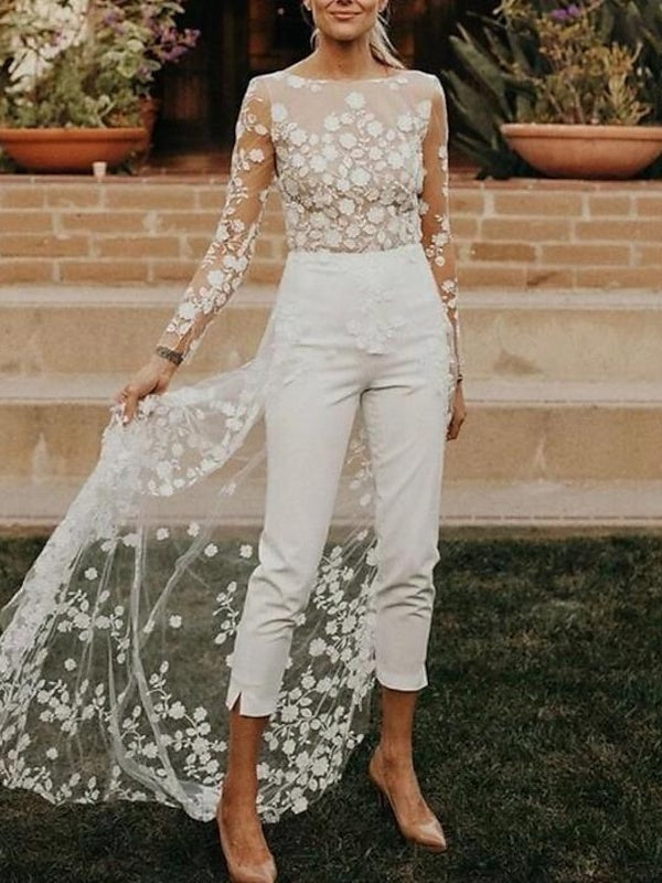 Long Sleeves Scoop Wedding Pant Suit Styles with Flower Pink