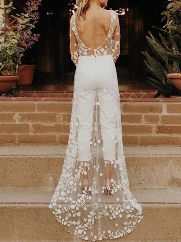 Long Sleeves Scoop Wedding Pant Suit Styles with Flower Champagne