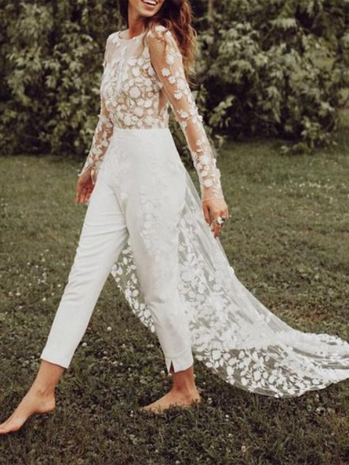 Long Sleeves Scoop Wedding Pant Suit Styles with Flower Ivory