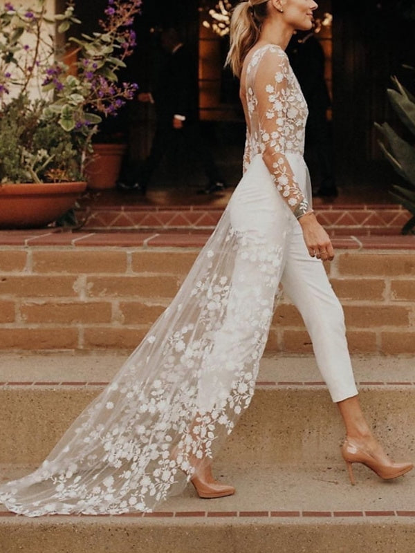 Long Sleeves Scoop Wedding Pant Suit Styles with Flower White