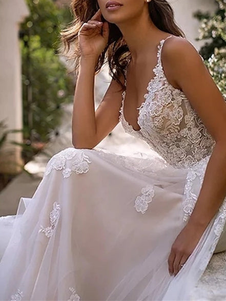 A-Line/Princess Sweetheart Wedding Dress Spaghetti Straps with Appliques White
