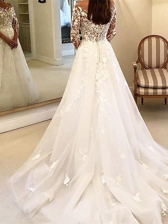 Ball Gown Off-the-Shoulder Wedding Dress Long Sleeves with Appliques Champagne