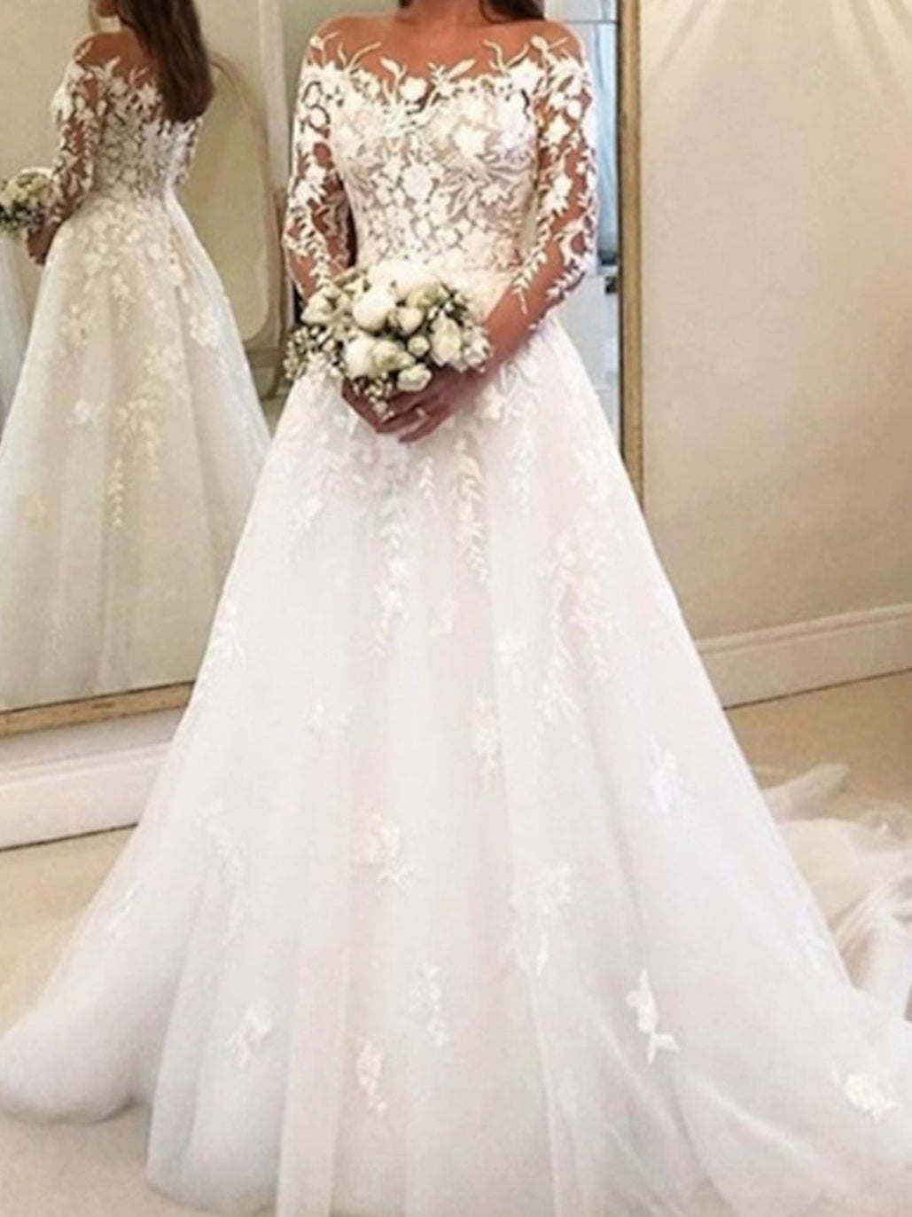 Ball Gown Off-the-Shoulder Wedding Dress Long Sleeves with Appliques Ivory