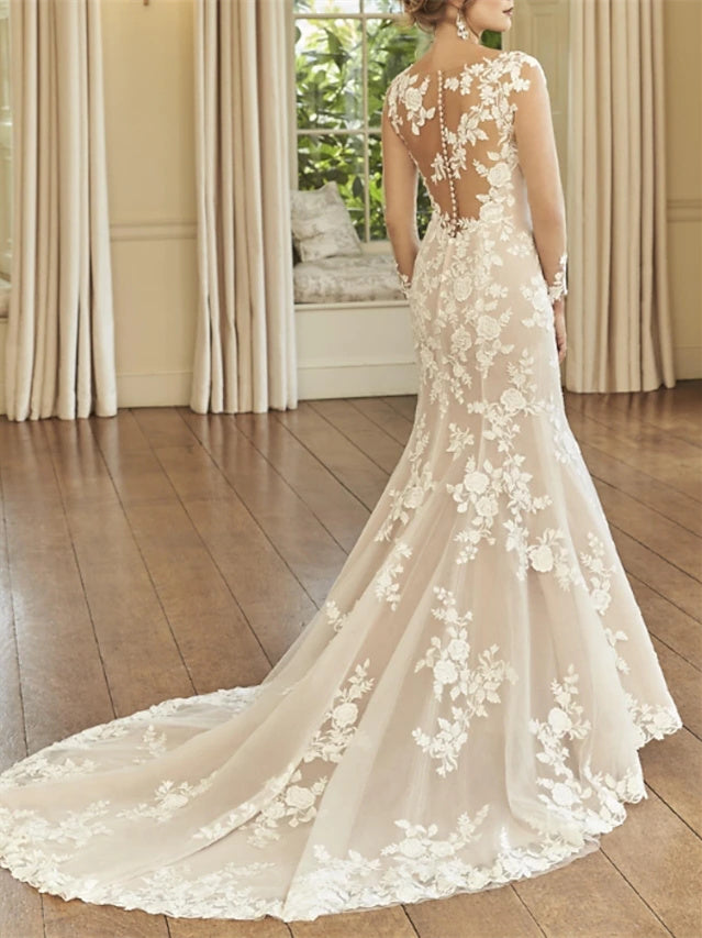 Mermaid/Trumpet Illusion Neck Long Sleeve Wedding Dresses Court Train with Embroidery White