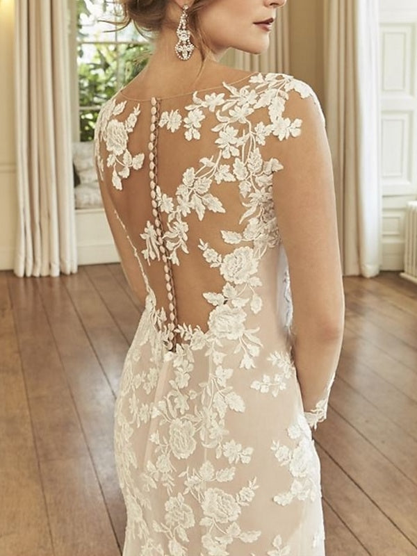 Mermaid/Trumpet Illusion Neck Long Sleeve Wedding Dresses Court Train with Embroidery Ivory