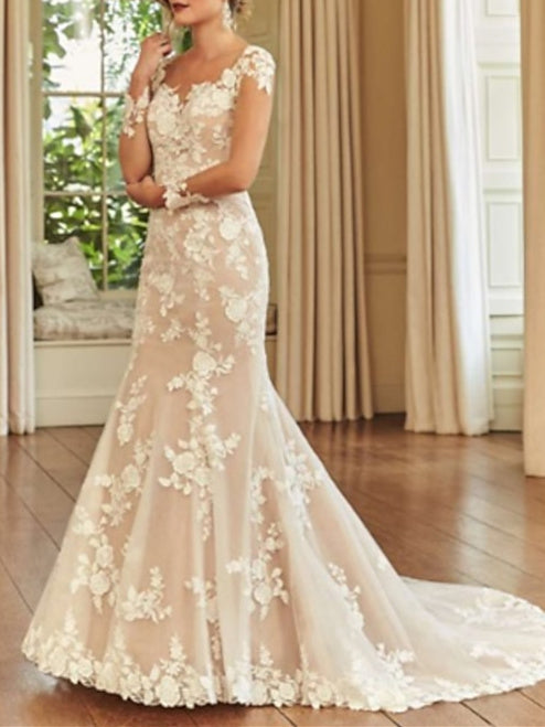 Mermaid/Trumpet Illusion Neck Long Sleeve Wedding Dresses Court Train with Embroidery Champagne
