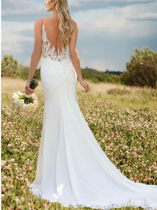 Mermaid/Trumpet V-Neck Sleeveless Wedding Dresses Court Train with Appliques Ivory