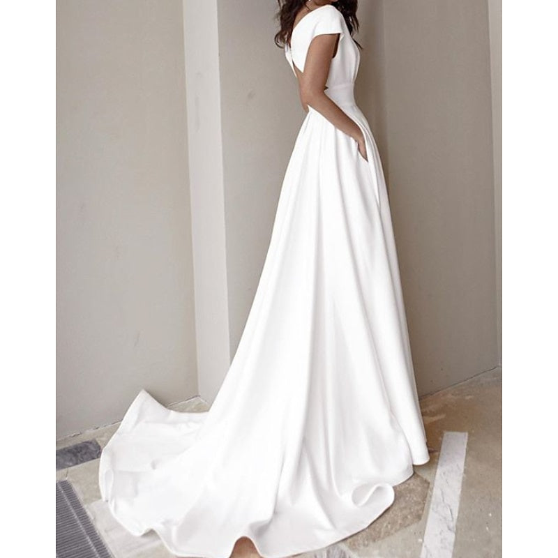 A Line/Princess V-Neck Cap Sleeve Wedding Dresses Sweep / Brush Train with Split Front Ivory