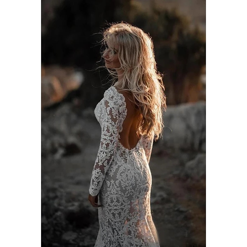 Mermaid / Trumpet V-Neck Long Sleeves Wedding Dresses Court Train with Appliques Pink