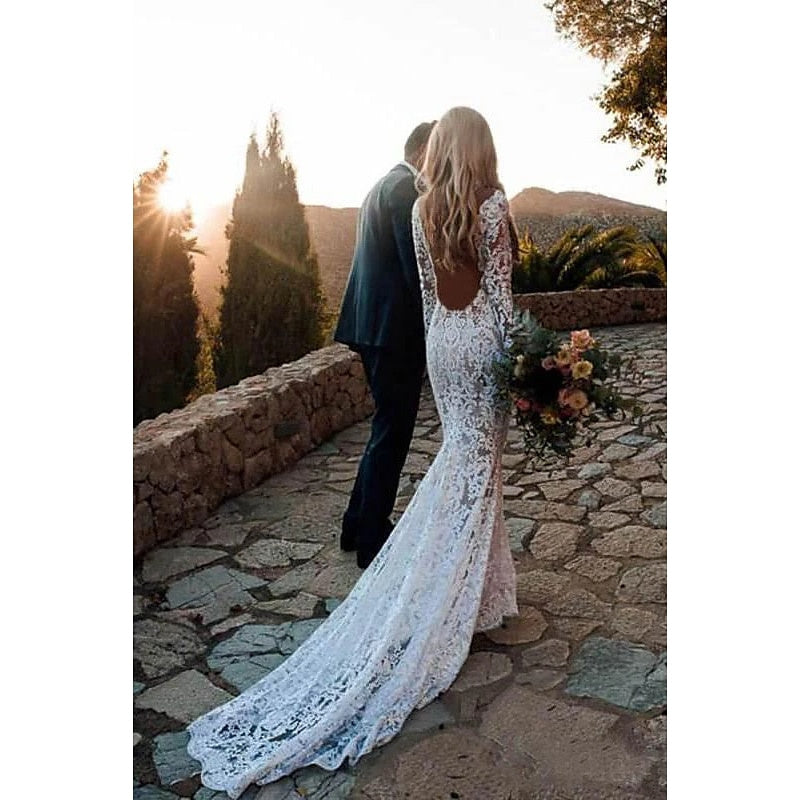 Mermaid / Trumpet V-Neck Long Sleeves Wedding Dresses Court Train with Appliques Ivory