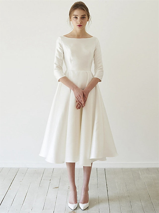 A-Line/Princess 3/4 Sleeves Scoop Neck Tea-Length Wedding Dresses As Pic