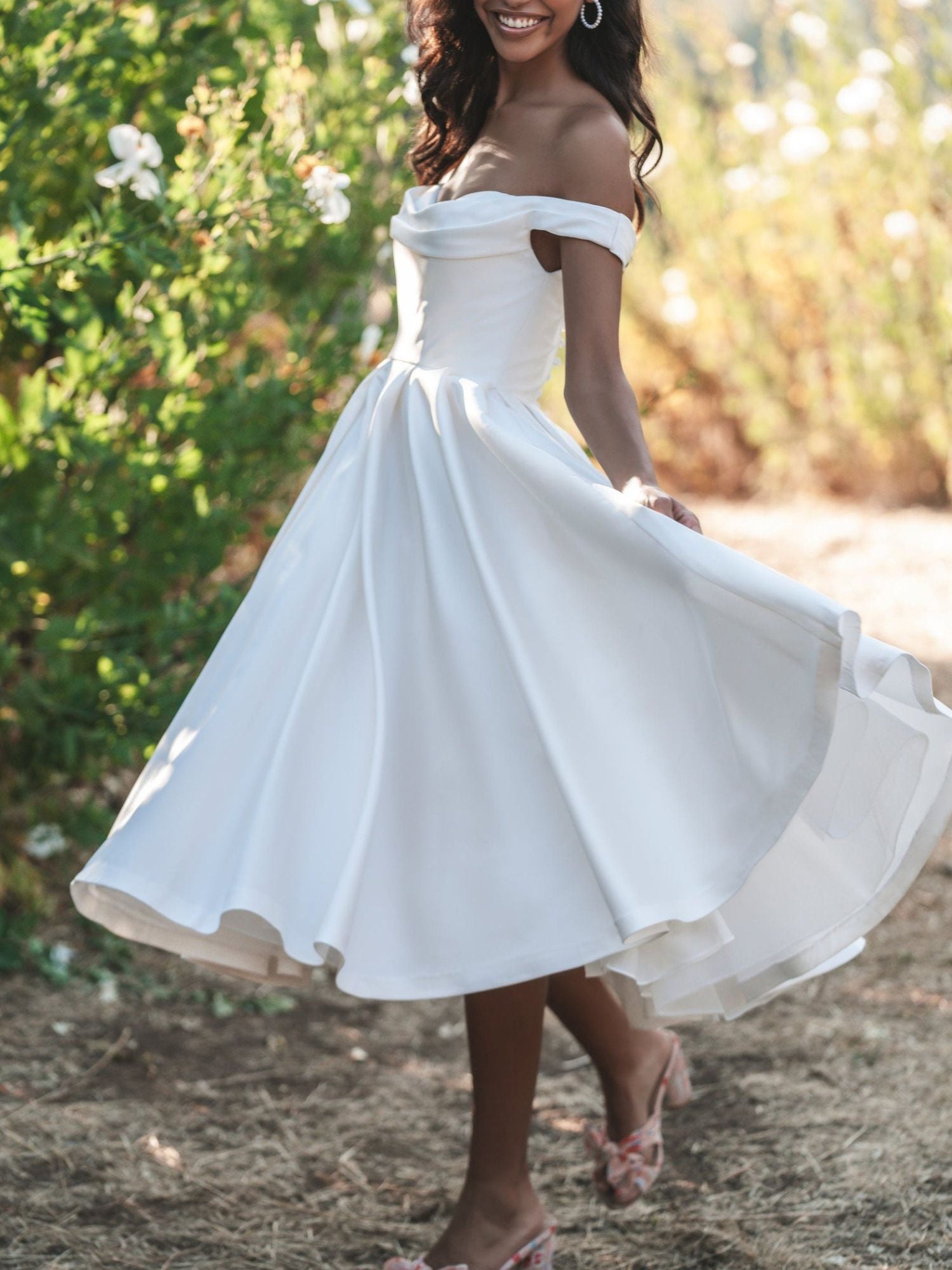 A-Line/Princess Off-the-Shoulder Tea-Length Satin Elegant Gown Wedding Dress Ivory