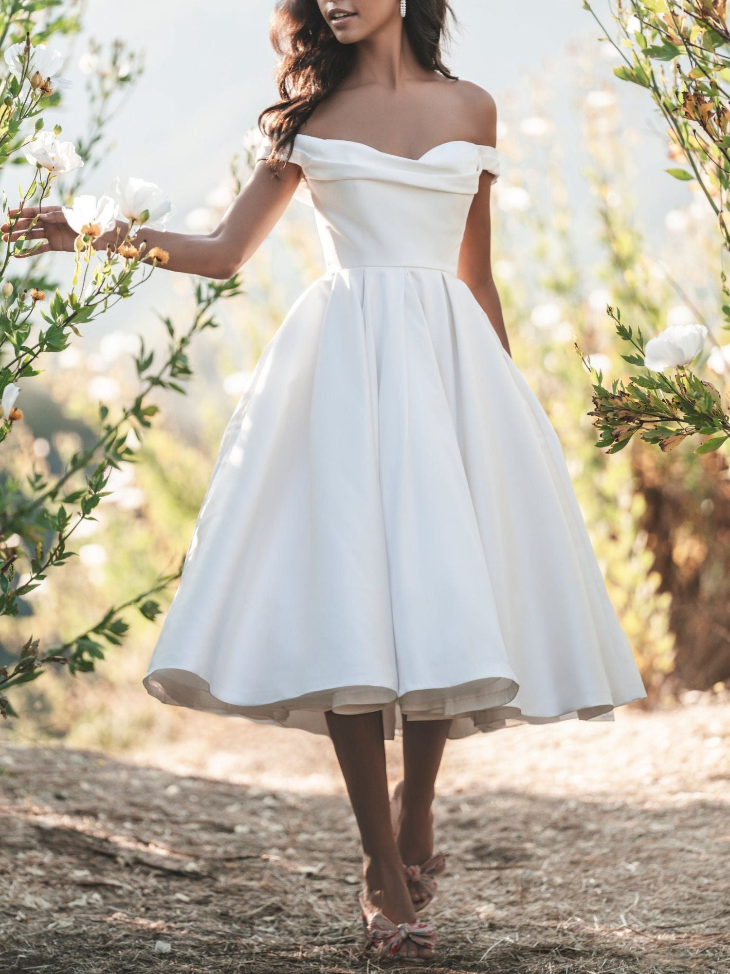 A-Line/Princess Off-the-Shoulder Tea-Length Satin Elegant Gown Wedding Dress White