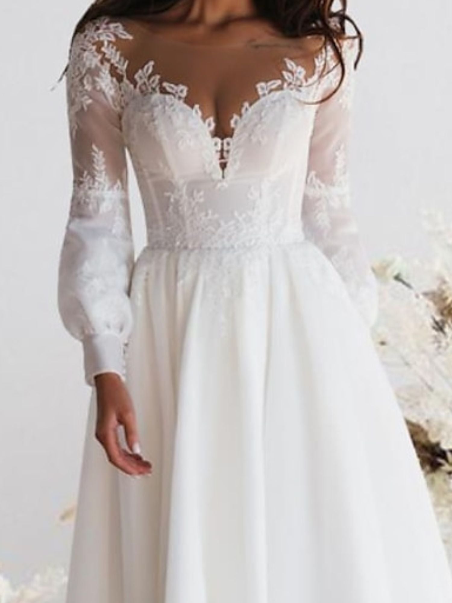 A-Line/Princess Sweetheart Long Sleeves Ankle Length Lace Wedding Dress Ivory