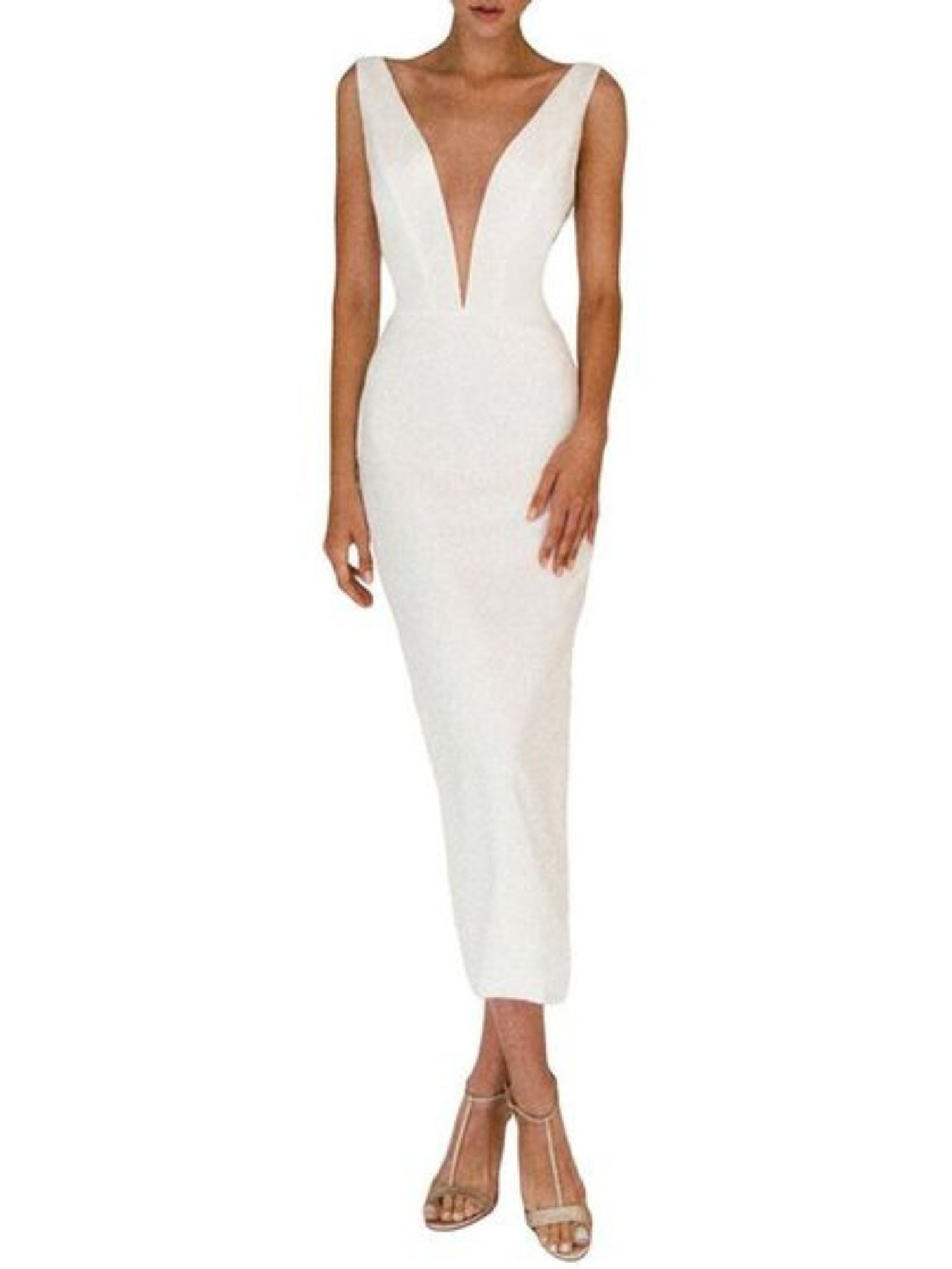 Sheath/Column V-Neck Sleeveless Tea Length MInimalist Wedding Dress White