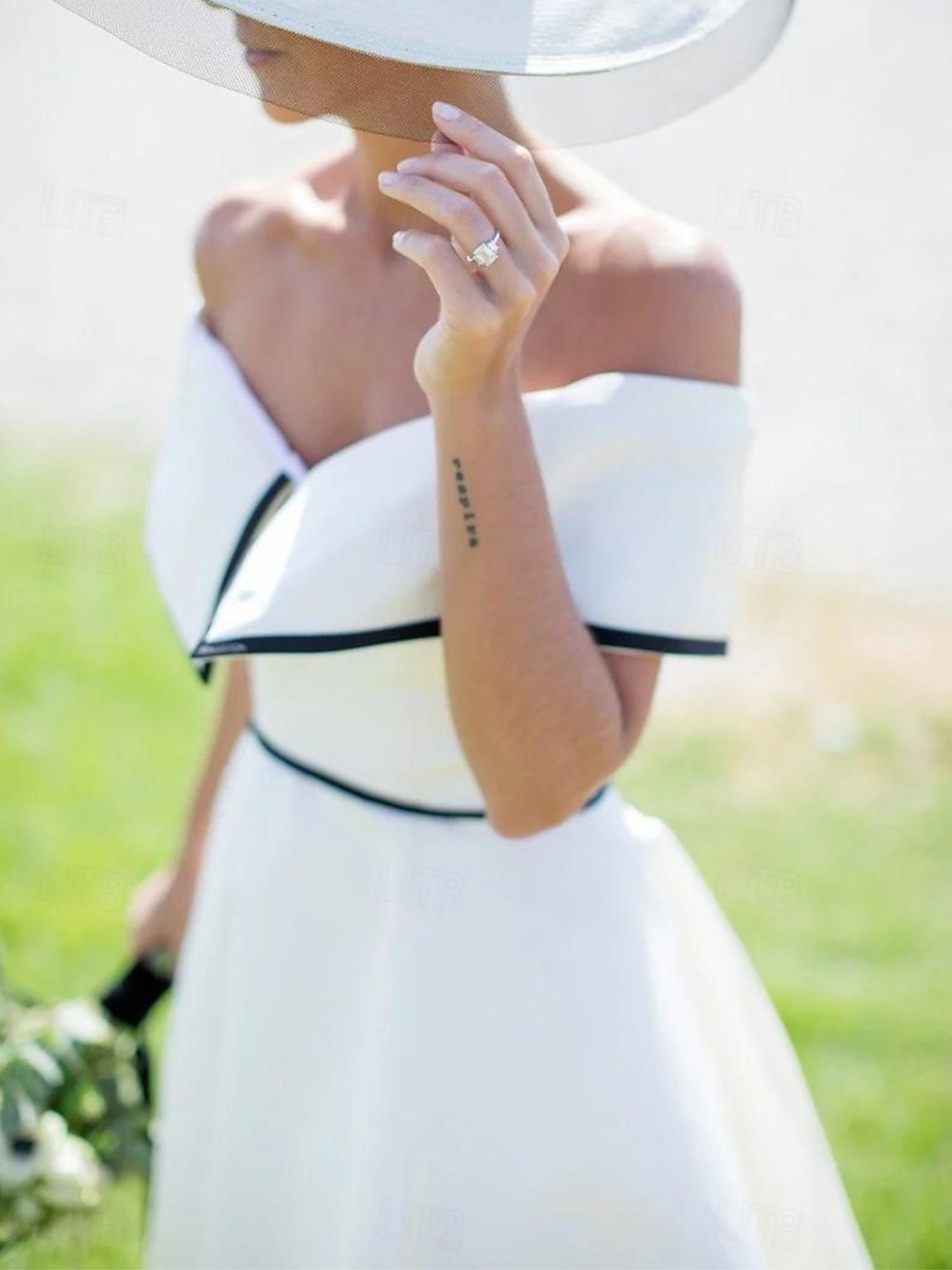 A-Line/Princess Off-the-Shoulder Short Sleeves Tea Length Simple Classical Wedding Dress White